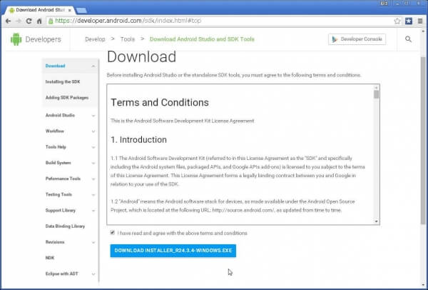 「 I have read and agree with the above terms and conditions」のチェックをオンにして[DOWNLOAD installer_r24.3.4-windows.exe]をクリック