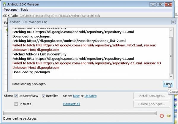 [Finish]をクリックすると数秒かかってから[Android SDK Manager]の画面と[Android SDK Manager Log]画面が表示される