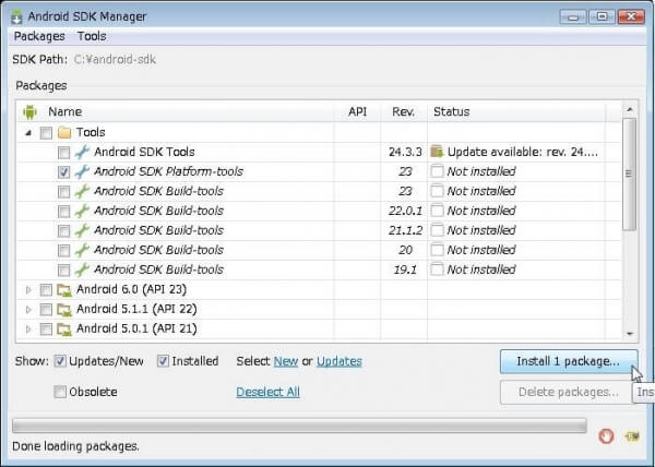 [Android SDK Platform-tools]のチェックをオンにし、[Install 1 package...]をクリック