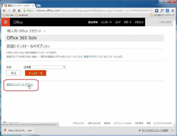 言語とインストールオプションページに移るので[追加のインストールオプション]をクリック